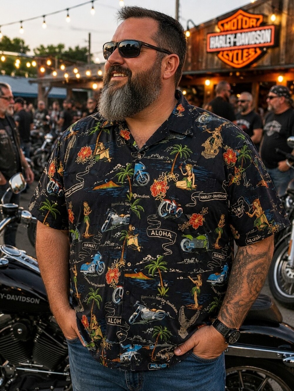 Harley-Davidson Vintage Mens Hawaiian Button-up Shirt Size 2XL Black Hula USA